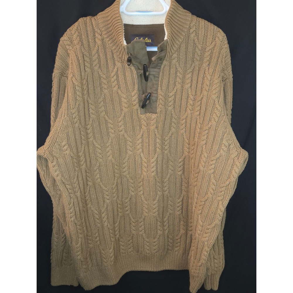 Cabelas Mens XL TG Tan Cable Knit Sherpa Lined Snap Collar Sweater HEAVYWEIGHT!